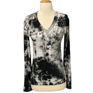 Heyne Bogut Womens Top Long Sleeve V-Neck Abstract Black White Silver Size 3/M